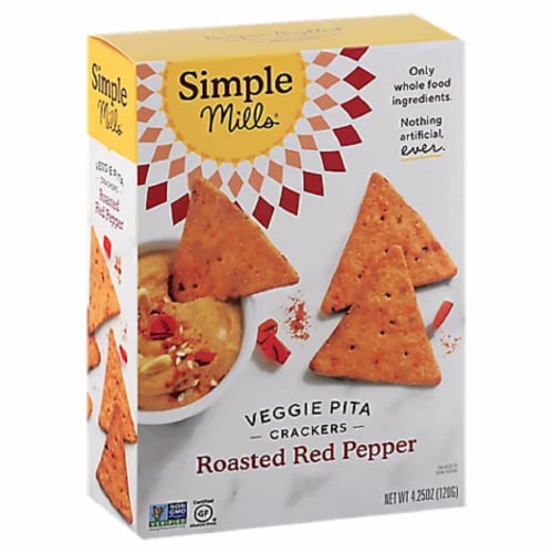 Simple Mills Veggie Pita Crackers Roasted Red Pepper, 4.25 oz (Pack of 6) Perspective: front