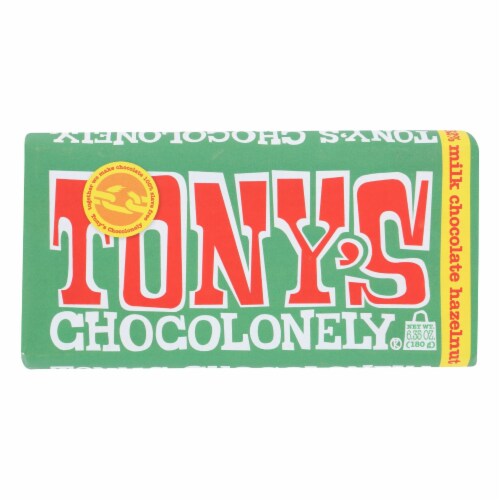 Tony's Chocolonely Milk Chocolate Hazelnut Bar Perspective: front