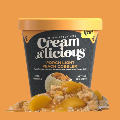 Creamalicious, Porch Light Peach Cobbler Artisan Frozen Dessert, Pint, (8 Count) Perspective: front