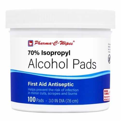 Pharma-C 70% Isopropyl Alcohol Pads (alcohol wipes). 12 Jars of 100 3" Pads. Perspective: front