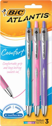 Bic Atlantis Comfort Medium Point Ball Pen - 3 Pack - Blue/Pink/Purple Perspective: front