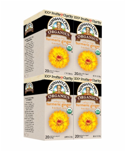 Newman’s Own Organic Turmeric Ginger Herbal Tea with 20 Tea Bags Per Box (Pack of 4) Perspective: front