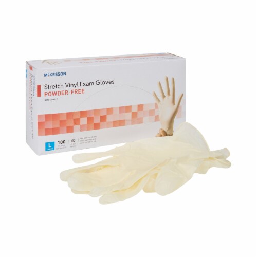 McKesson Disposable Stretch Vinyl Exam Glove Standard Cuff Length LARGE 14-818 100 per Box Perspective: front