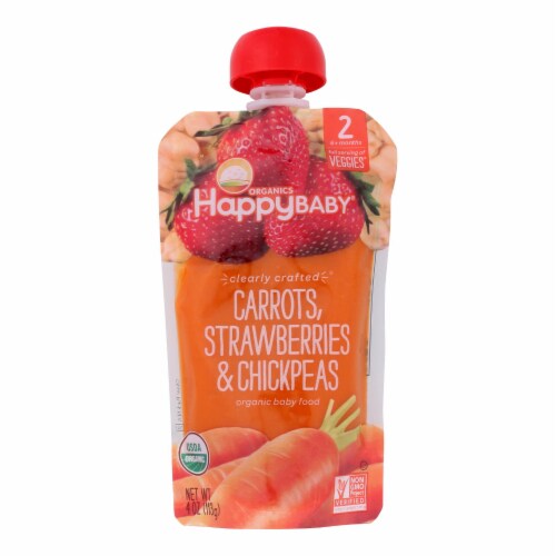 Happy Baby Organic Stage 2 Baby Food - Carrots Strawberries & Chickpeas - Case of 16 - 4 oz Perspective: front