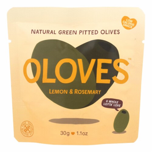 Oloves Green Pitted Olives - Lemon and Rosemary - Case of 10 - 1.1 oz. Perspective: front
