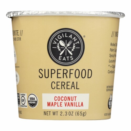 Vigilant Eats  Organic Superfood Cereal Gluten Free   Coconut Maple Vanilla Perspective: front