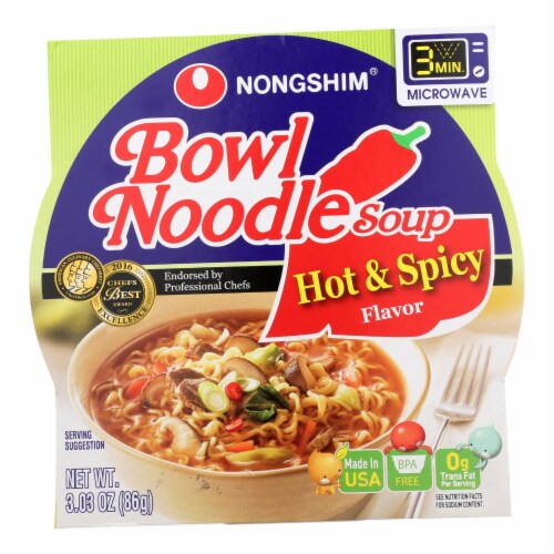 Nong Shim Hot and Spicy Bowl - Noodle Soup - Case of 12 - 3.03 oz. Perspective: front