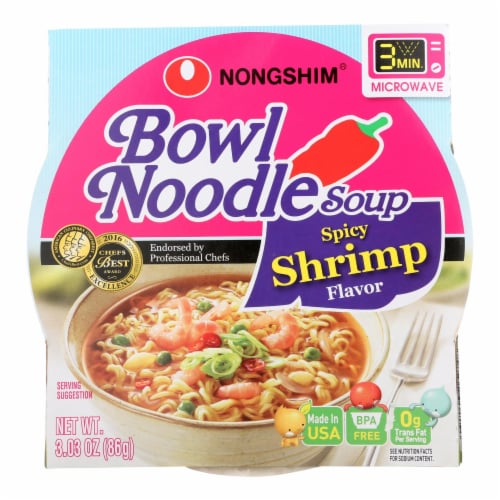 Nong Shim Spicy Shrimp Bowl - Noodle Soup - Case of 12 - 3.03 oz. Perspective: front