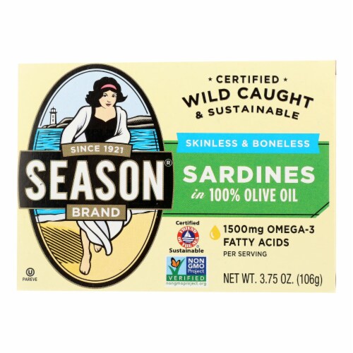 Season Skinless & Boneless Sardines In Pure Olive Oil  - Case of 12 - 3.75 OZ Perspective: front