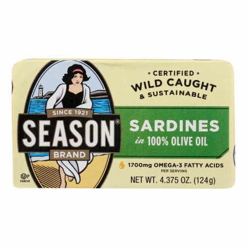 Season Brand Sardines in Pure Olive Oil - Salt Added - Case of 12 - 4.375 oz. Perspective: front