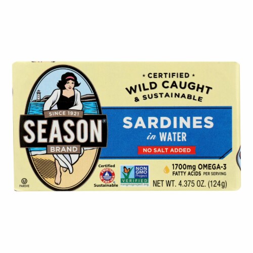 Season Brand Sardines in Water  - No Salt Added - Case of 12 - 4.375 oz. Perspective: front