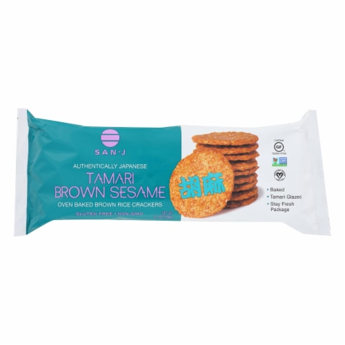 San - J Brown Rice Crackers - Sesame - Case of 12 - 3.7 oz. Perspective: front