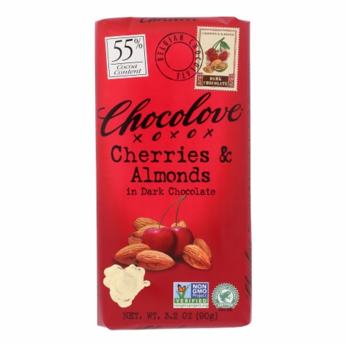 Chocolove Xoxox - Premium Chocolate Bar - Dark - Cherries and Almonds - 3.2 oz Bars - 12Pack Perspective: front