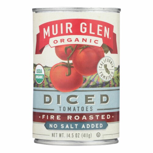 Muir Glen Diced Fire Roasted Tomato No Salt - Tomato - Case of 12 - 14.5 oz. Perspective: front