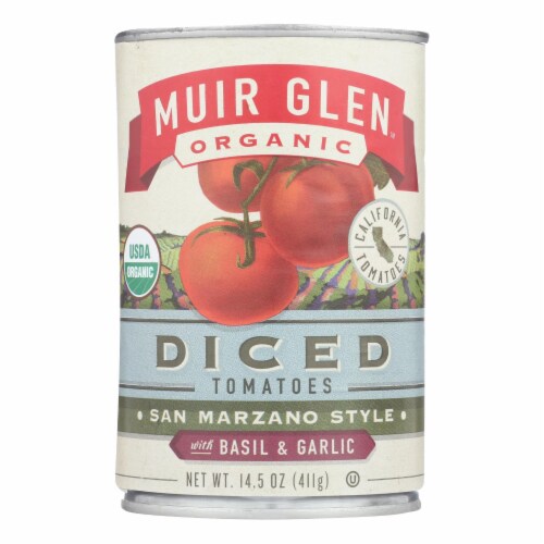 Muir Glen Diced Tomatoes Basil and Garlic - Tomato - Case of 12 - 14.5 oz. Perspective: front