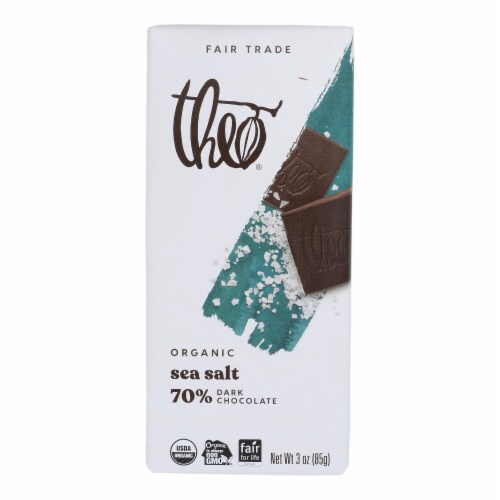 Theo Chocolate Organic Chocolate Bar -Dark - 70 Percent Cacao - Sea Salt - 3 oz Bars - 12Pack Perspective: front