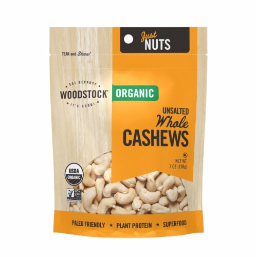 Woodstock Organic Whole Cashews, Unsalted - Case of 8 - 7 OZ Perspective: front