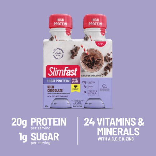 SlimFast High Protein + Energy Rich Chocolate Meal Replacement Shake, Ready to Drink, 4 Ct Perspective: left