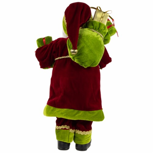Northlight 16 Grand Imperial Red and Green Santa Claus with Gift Bag Christmas Figure Perspective: left