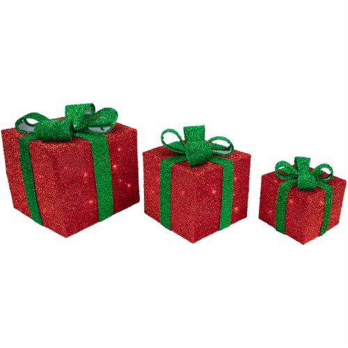Northlight Set of 3 Lighted Red and Green Tinsel Gift Boxes with Bows Christmas Outdoor Perspective: left