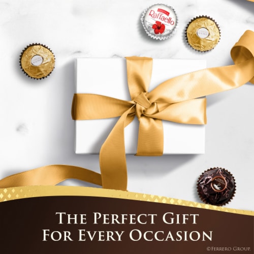 Ferrero Rocher Gourmet Assorted Hazelnut Milk and Dark Chocolate and Coconut Chocolate Gift Box Perspective: left