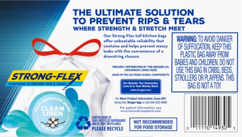Kroger® 13 Gallon Strong Flex Tall Drawstring Kitchen Bags Clean Linen Scent Perspective: left