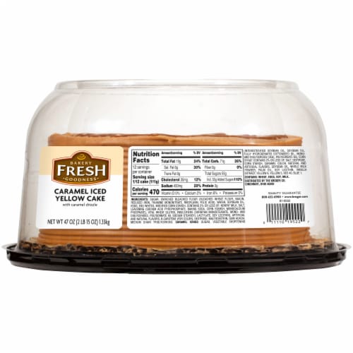 Bakery Fresh Goodness Caramel Iced Yellow Cake with Caramel Drizzle Perspective: left