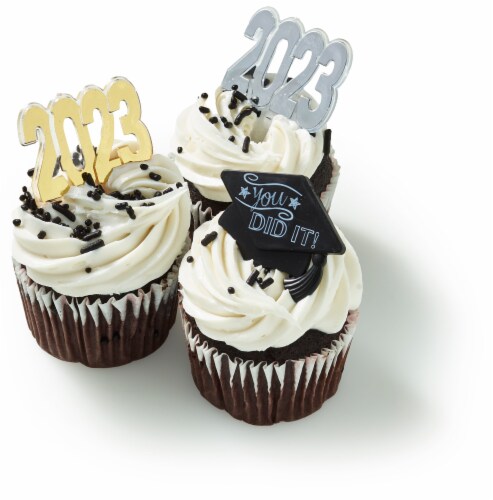 Bakery Fresh Goodness Graduation Buttercream Icing Chocolate Cupcakes Perspective: left