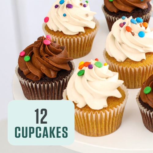Bakery Fresh Chocolate and White Cupcakes with Buttercreme Icing Perspective: left