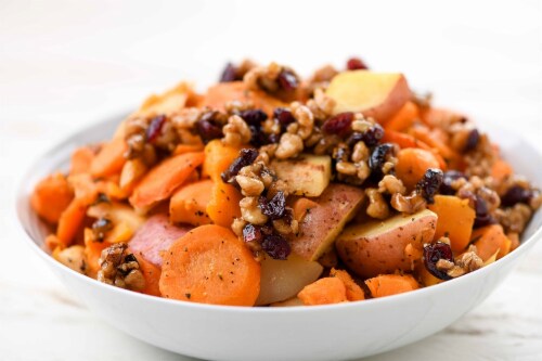 Home Chef Side Dish Roasted Fall Vegetables with Cranberry Orange & Walnuts Perspective: left