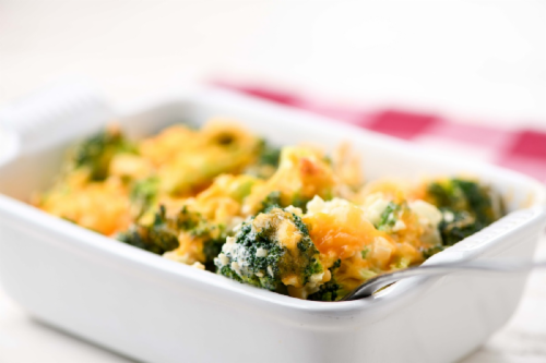 Home Chef Side Dish Broccoli & Riced Cauliflower Casserole with Cheddar Cheese Perspective: left