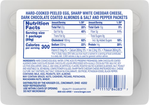 Kroger® Peeled Egg White Cheddar Cheese Dark Chocolate Almonds Protein Snack Kit Perspective: left