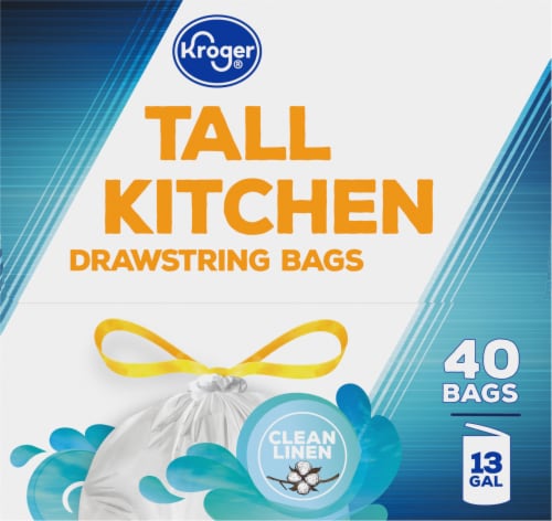 Kroger® Tall Kitchen Clean Linen Scented 13 Gallon Drawstring Trash Bags Perspective: left