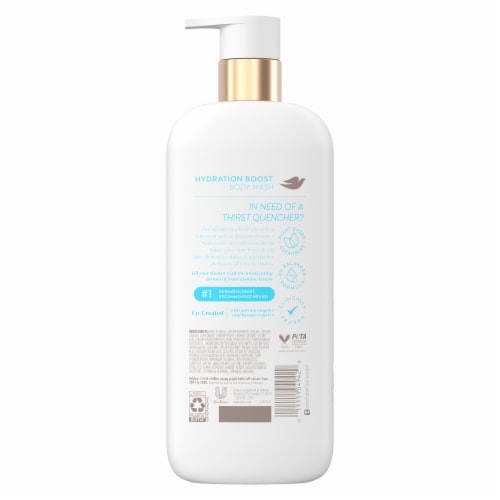 Dove Body Wash Actively Drenches Dry Skin Hydration Boost 6% Hydration Serum With Hyaluronic Perspective: left