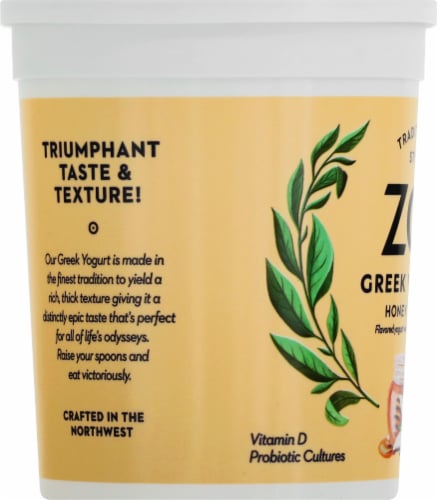 Zoi Honey Vanilla Whole Milk Greek Yogurt Tub Perspective: left