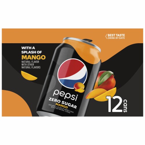 Pepsi Mango Zero Sugar Soda Cans Perspective: left