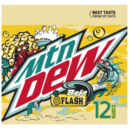 Mountain Dew Baja Flash Pineapple Coconut Soda Cans Perspective: left