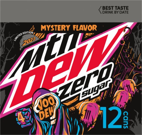 Mountain Dew Zero Sugar Mystery Flavor Soda Cans Perspective: left
