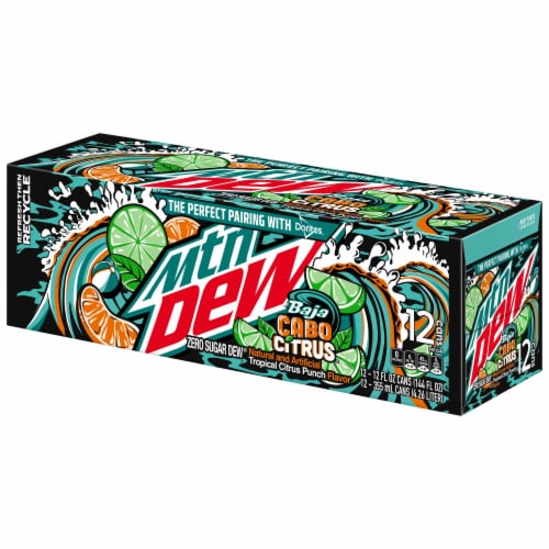 Mountain Dew® Zero Sugar Baja Blast Cabo Citrus Soda Cans Perspective: left
