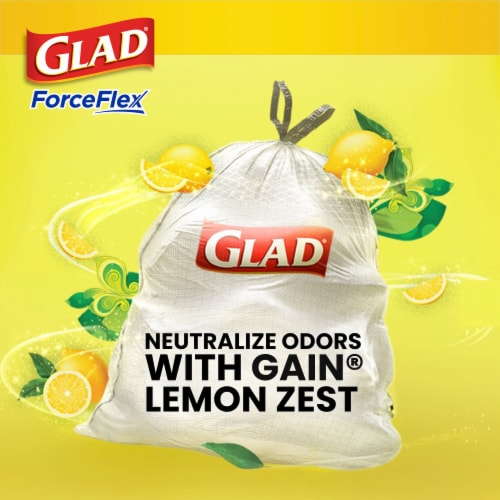 Glad ForceFlex Drawstring Tall Kitchen Trash Bags Gain Lemon Zest Scent With Febreze 13 Gallon Perspective: left