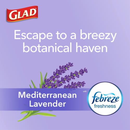 Glad ForceFlexPlus Tall Kitchen Drawstring Lavender with Febreze Trash Bags Perspective: left