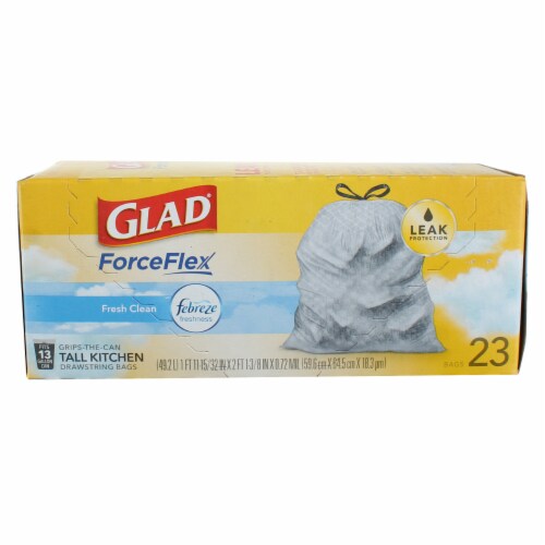 Glad Force Flex Tall Kitchen Drawstring Trash Bags, Fresh Clean, 13 gal, 23 Ct Perspective: left