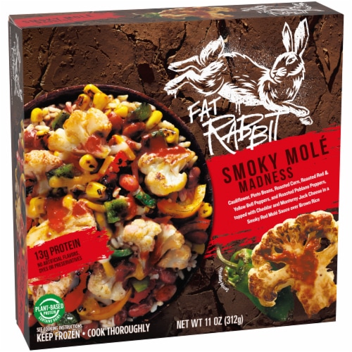 Fat Rabbit Smoky Mole Madness with Roasted Vegetables Pinto Beans & Cheese in a Red Mole Sauce Meal Perspective: left