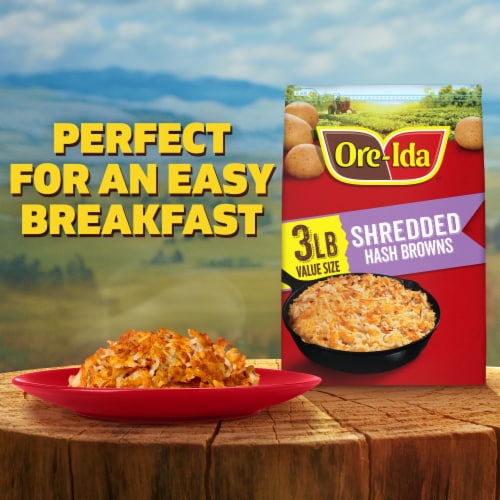 Ore-Ida Shredded Hash Browns Frozen Potatoes Value Size, Bag Perspective: left