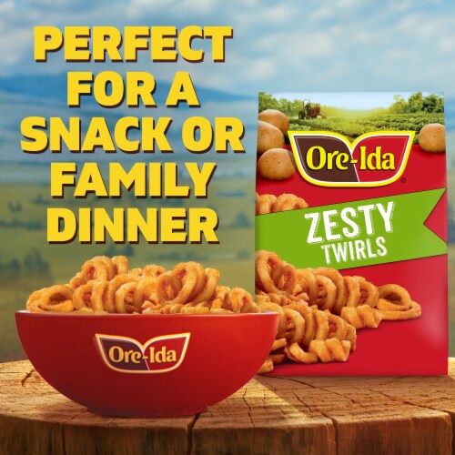 Ore-Ida Zesty Twirls Seasoned French Fries Fried Frozen Potatoes, Bag Perspective: left