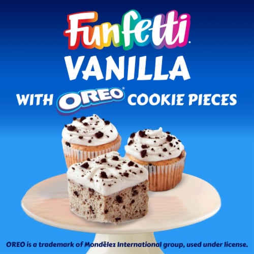 Pillsbury Funfetti Vanilla Cake Mix with OREO Cookie Pieces Perspective: left