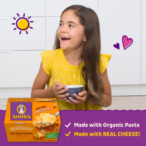 Annie’s Organic Real Aged Cheddar Microwave Mac N Cheese Macaroni and Cheese Dinner Cups Perspective: left