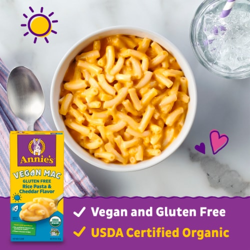 Annie’s Vegan Rice Pasta Cheddar Flavor Mac N Cheese Alternative with Gluten Free Pasta Perspective: left