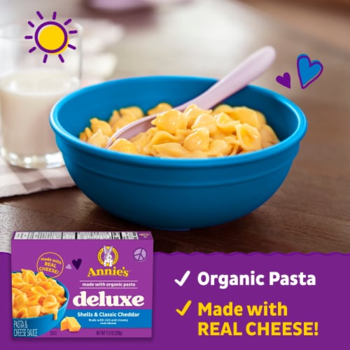 Annie’s Classic Organic Cheddar Shells Deluxe Mac N Cheese Macaroni and Cheese Dinner Perspective: left