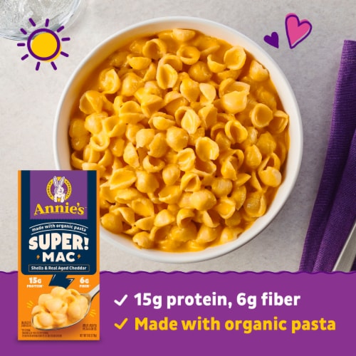 Annie's Super! Mac Shells and Real Aged Cheddar Macaroni And Cheese Perspective: left